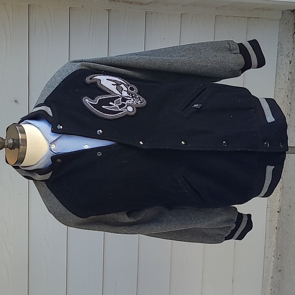 SKULLSHIT Japan Streetwear Wool Black Grey L Full‎ Button Varsity Bomber Jacket
